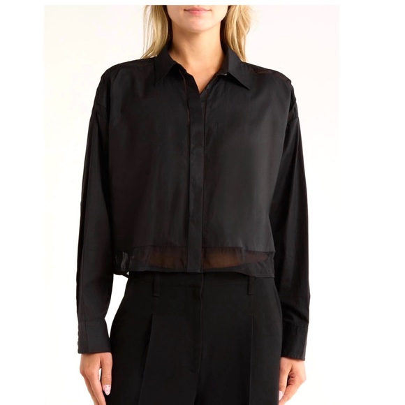 Rag & Bone Beatrice Mixed Media Oversized Crop Poplin Chiffon Button-Up Blouse - Picture 6 of 16